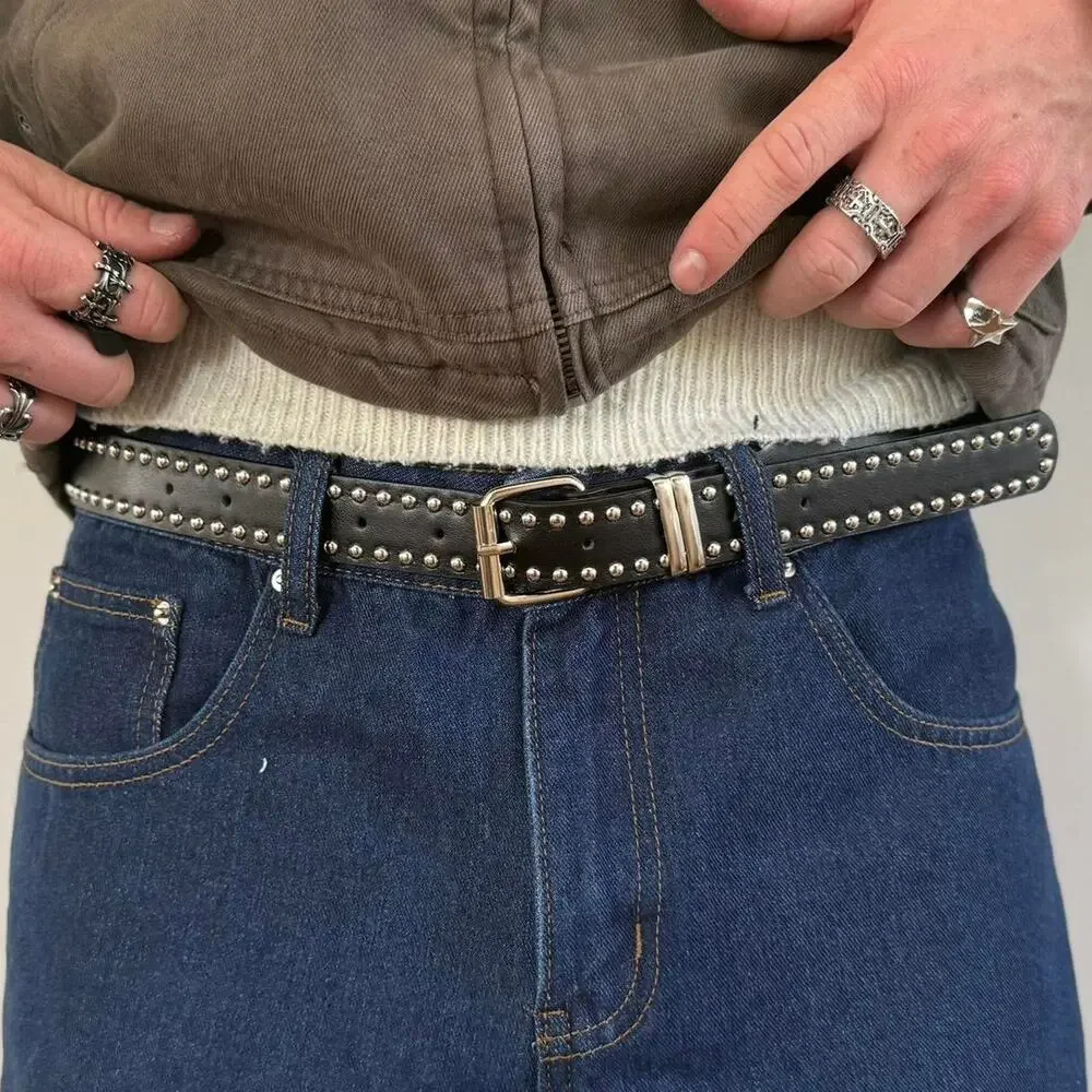 Vintage Silver and Black Studded Belt – Retro Unisex Style, Adjustable, New